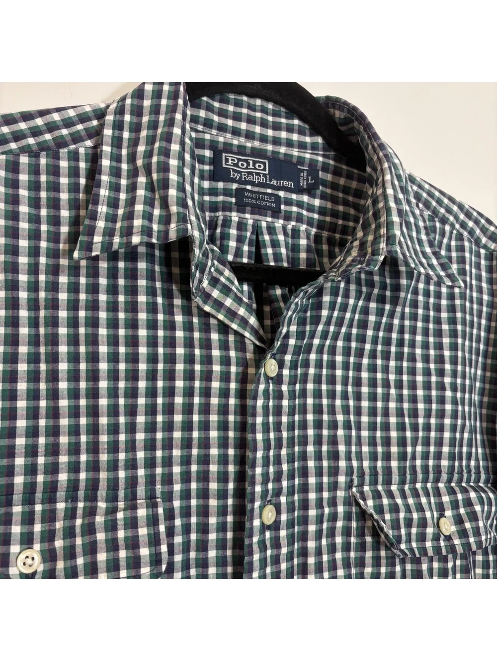VTG Polo Ralph Lauren Whitfield Cotton Plaid Shirt Green, Navy & White - Large